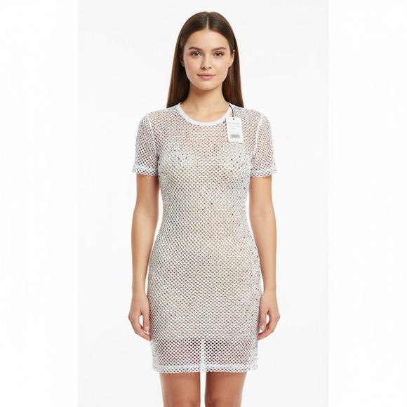 NWT Mesh Dress Womens Medium White Iridescent Sparkle Clubwear - Picture 1 of 8